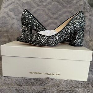 Marc Fisher Zala Black with Silver Glitter Block Heels